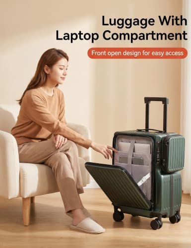 20-Inch Front Opening Carry On Luggage with Detachable Bag, Green - color: Green