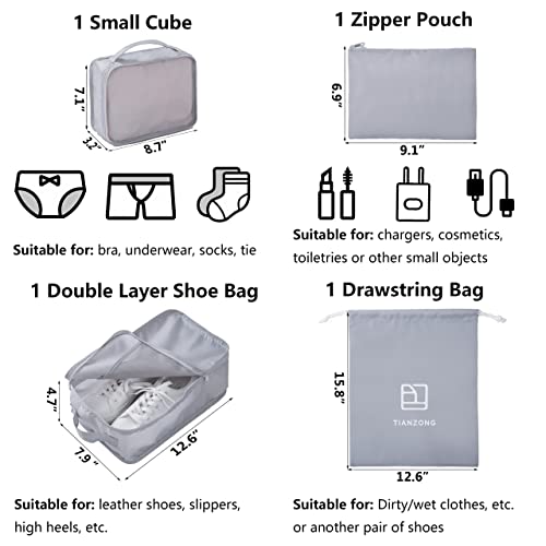 Tianzong 7-piece Set Packing Cubes, Travel Bags for Luggage, Packing Organizers with Shoe Bag (Grey)