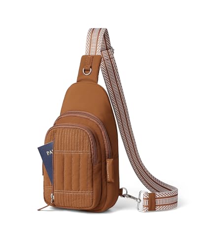 HomemeDiary Sling Bag Quilted Crossbody Bags for Women Cross Body Purse Puffer RFID Fanny Pack for Travel, Hiking, Daily - color: Dark Brown With Guitar Strap