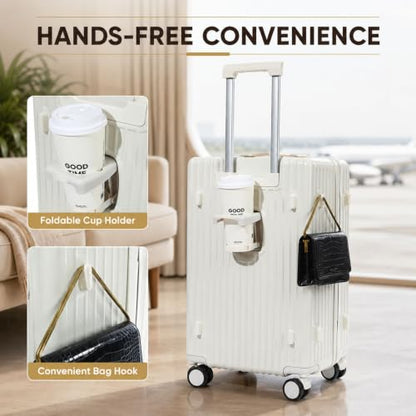 26 Inch Carry On Luggage with Front Opening, Hardside Suitcase with USB Port, Cup Holder, Bag Hook, 360° Spinner Wheels and 3-Digit Lock, White - color: white, size: 26 Inch