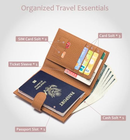 Leather RFID Passport Wallet for Travel Women with Gift Box - color: Brown