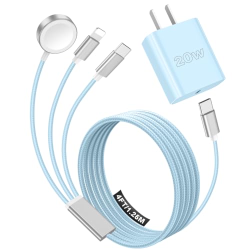 Travel Essentials Multi Charging Cable with 20W Charger Block - color: Blue, size: 1.2M/4FT
