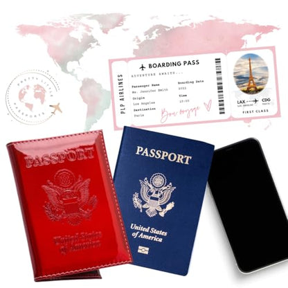 Chrome Passport Cover Vaccine Card Holder Combo, Passport Holder with Vaccine Card Slot (Red) - color: Red