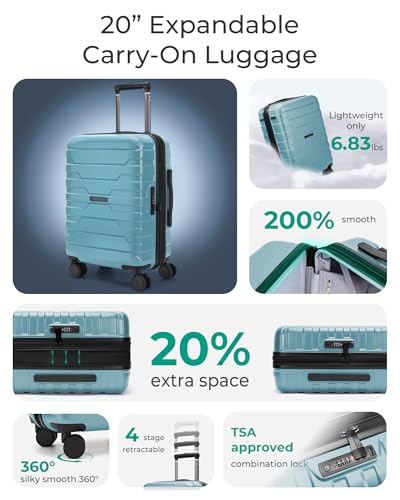 BAGSMART Carry-On Luggage 20" Expandable Spinner 22x14x9,Teal Blue - color: Teal Blue