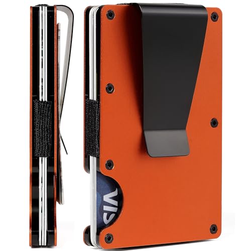 Minimalist Slim Wallet for Men,RFID Blocking Metal Wallet,Aluminum Credit Card Holder & Money Clip 12-15 Cards,Slim Rfid Front Pocket Mens Wallet - color: A5 Matte Orange