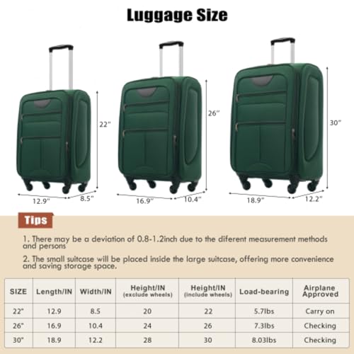 Softside Luggage Set Softshell Lightweight 3 Piece Spinner Suitcase 22" 26" 30" (Red) - color: Red