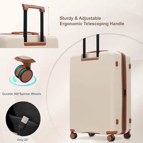 Merax Luggage Sets 5 Piece Front Open,Lightweight Expandable Luggage - color: White&Brown(20 top-open), style: 3-piece Set(20/24/28)