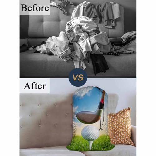 Swono Golf Ball Extra Heavy Duty Laundry Bag, Driver Hit Golf Ball On Tee Green Grass X-Large Dirty Clothes Drawstring Bag with Tear Resistant Fabric, Washable Laundry Liner for Hamper, Ideal for - color: Golf Ball
