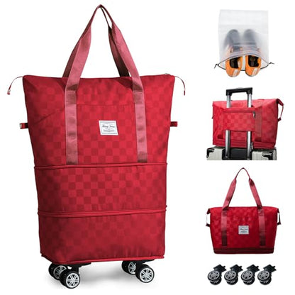 Rolling Duffle Bag with Wheels Expandable Foldable Travel Duffel Bag Checkerboard Carry on Luggage Bag Weekender Bag for Men Women - color: Red+Shoe Bag