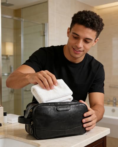 BAGSMART Large Toiletry Bag for Men, PU Leather Water Resistant, Black - color: Black (High-gloss), size: Large-8L
