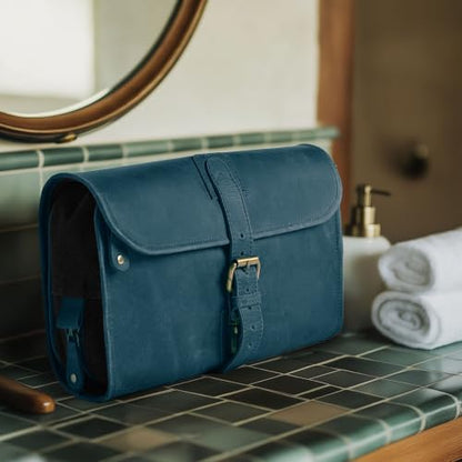 LEATHER VILLAGE Hanging Leather Toiletry Bag for Men, Dopp Kit, Blue - color: Blue