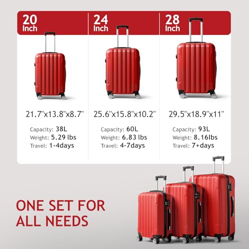 Karl home Luggage Set of 3 Hardside Suitcase Sets - Red (20/24/28) - color: Red, size: 3 Piece Set