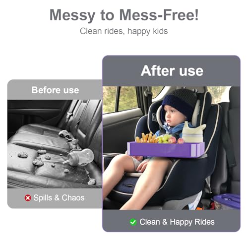 Car Seat Tray for Kids Toddlers Travel with 3-Inch Cup Holder & Dip Well - color: Purple