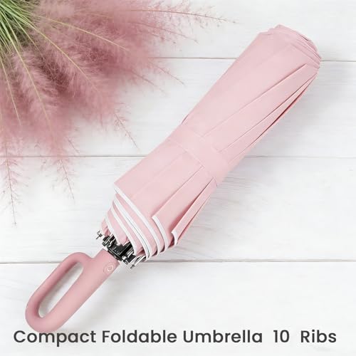 SIEPASA Travel Umbrella with Carabiner Handle - Windproof 10 Ribs Auto Open/Close for Rain & Sun Protection, Compact Portable Clip-on Backpack Design with Safety Reflective Strip. - color: UV-Light Pink