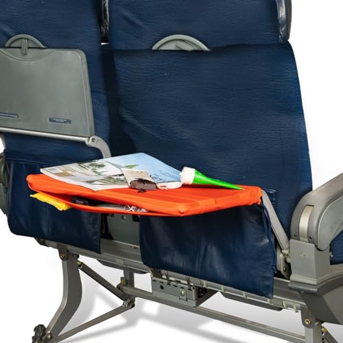 Airplane Tray Organizer/Tote with 4 Storage Pockets, Back Seat Airplane Tray Cover, Converts into a Drawstring Tote, Washable, Durable & Lightweight (2.8 oz) Airplane Travel Essentials - color: Fire Orange