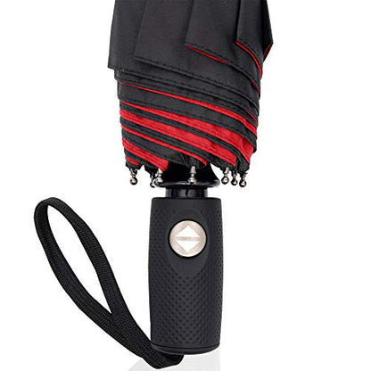 RainPlus Windproof Travel Umbrella - Compact, Automatic, Folding and Portable - Umbrellas For Rain for Men and Women - Car, Backpack, Purse, Strong & Wind Resistant - color: Black/Red