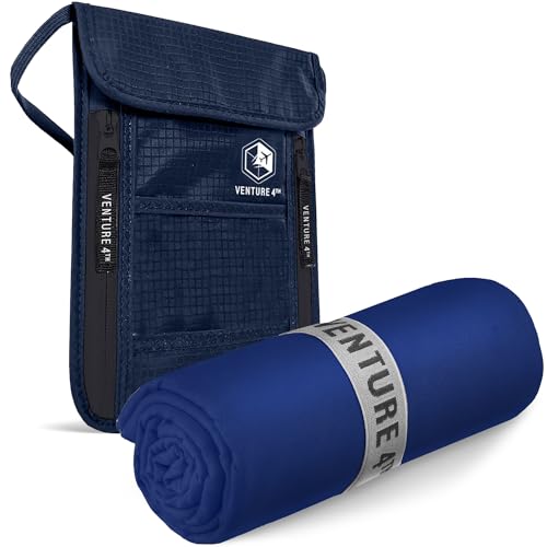 VENTURE 4TH Hidden Neck Pouch for Travel & Quick Dry Towel Set - Ideal Travel Bundle for Vacations, Backpacking and Business Trips - Travel Towel Size XL