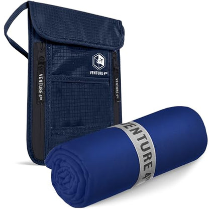VENTURE 4TH Hidden Neck Pouch for Travel & Quick Dry Towel Set - Ideal Travel Bundle for Vacations, Backpacking and Business Trips - Travel Towel Size XL