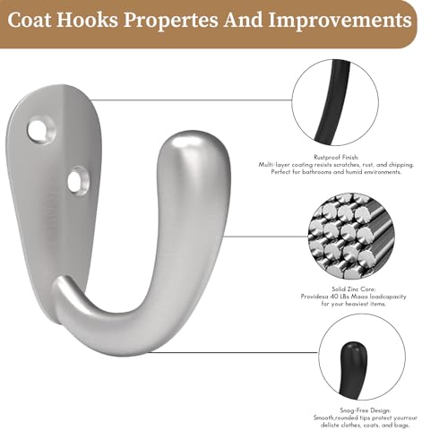 CBWLWJ 32 Pack Coat Hooks Wall Mounted Single Prong Robe Wall Hooks for Hanging Towel Hooks for Living Room, Bathroom, Kitchen, Bedroom for Coat, Bag, Scarf, Towel, Hat, Key, Cup (Silver) - color: Silver