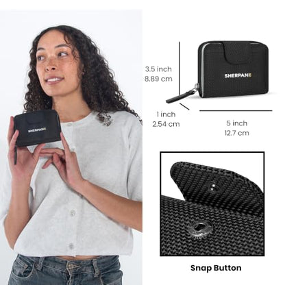 Sherpani Barcelona AT, Small Bifold Zipper Pocket Wallet (Carbon) | Lightweight Credit Card Cash Holder Organizer, Mini Nylon Purse with RFID Blocking & Clear ID Window, Travel Gift for Women - color: Carbon
