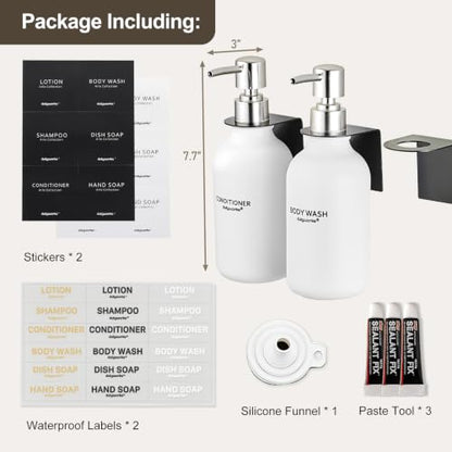 Shampoo and Conditioner Dispenser Set of 3, Wall Mounted - color: Matte White Bottle + Silver Pump