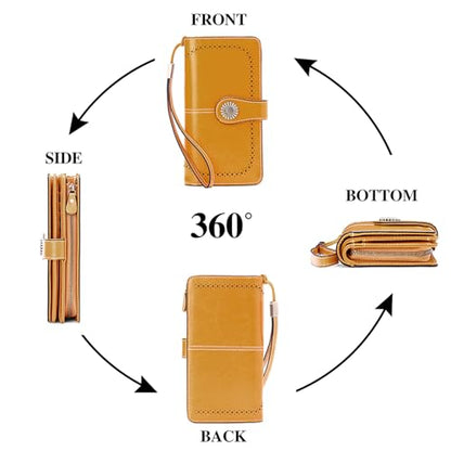 SENDEFN Wallets for Women Leather Credit Card Holder with RFID Blocking Large Capacity Wristlet - color: 1-Wax-Yellow