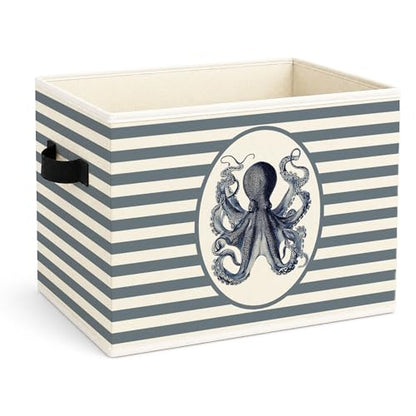 Octopus Storage Bin, Nautical Ocean Blue Stripe Fabric Basket - color: Nautical Retro Octopus Print