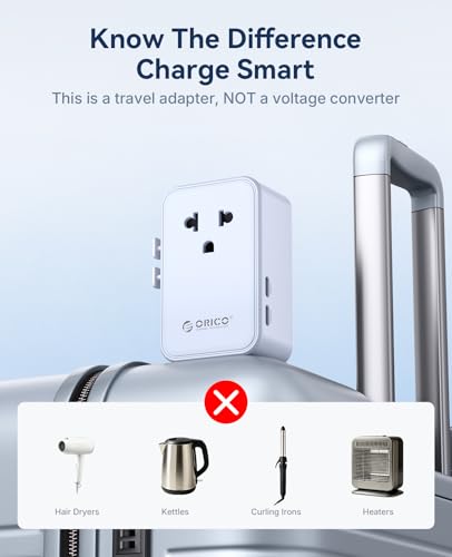 ORICO Ultra-Thin GaN Travel Adapter 25W, International Plug Adapter | 5-in-1 (1 AC Outlet 2 USB-C and 2 USB-A Ports) Universal Power Adapter for US EU UK AU 200+ Countries (2500W Max) - 1 Pack - color: Blue