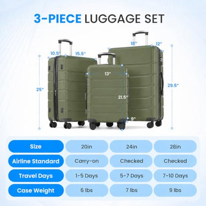 Simple Deluxe 3-Piece Luggage Sets Hardside Carry On Luggage - color: Olive Green, size: 3-Piece Set (20/24/28)
