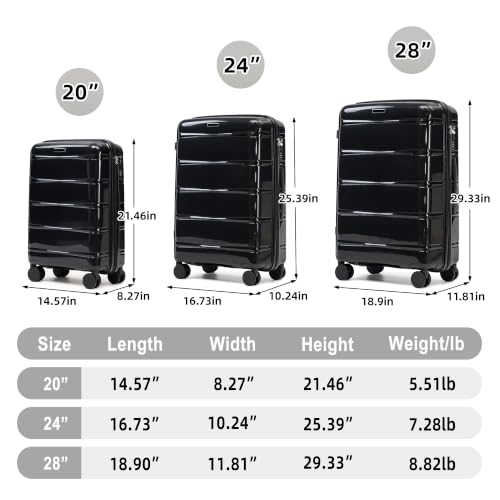 Merax Luggage Set,3 Piece Hardside Suitcase Set,20/24/28inch Luggage - color: 08Black, style: 20/24/28