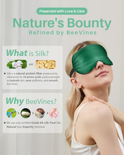 BeeVines 100% Mulberry Silk Sleep Mask, Blackout Eye Masks(Black & Green) - color: 05-black & Emerald Green