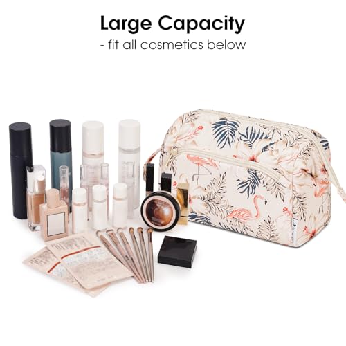Narwey Travel Makeup Bag Toiletry Bag, Wide Open Cosmetic Bag for Women - color: B-Beige Flamingo, size: Small