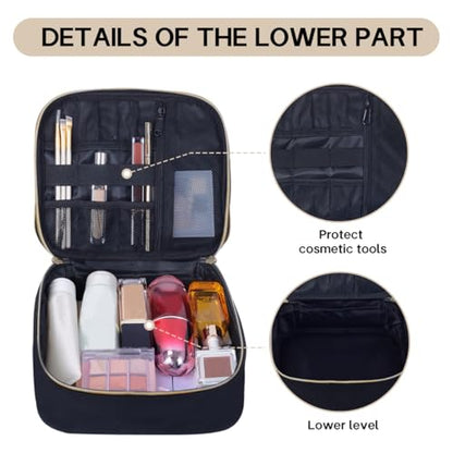 Double Layer Makeup Bag with Adjustable Dividers, Black - color: Black