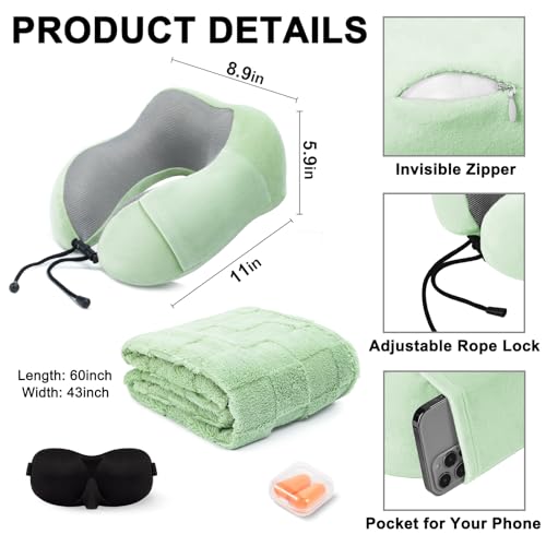 urnexttour Travel Pillow and Blanket Set Neck Pillow Airplane Foam Sage - color: B-sage Green