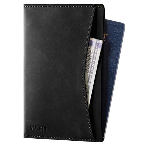 VULKIT Passport Cover Ultra Slim Design Leather Passport Sleeve RFID Blocking with 2 Card Slots, Anti-Theft Travel Essentials - color: Black