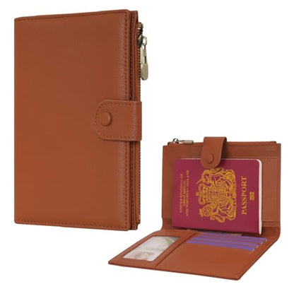 Leather Passport Cover Wallet Travel Essentials Holder with Zipper Pocket - color: Brown