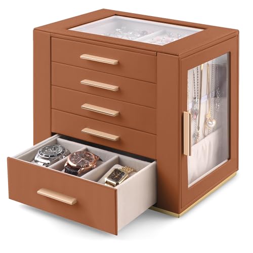 Homeanda Jewelry Boxes with Glass Lid, 5-Layer Large PU Leather, Brown - color: Brown, size: 5 Layer