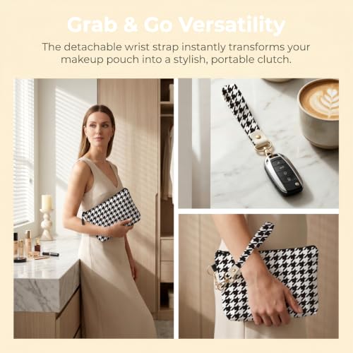 Fokongna Makeup Bag with Keychain Wristlet, Classic Houndstooth - color: Classic Houndstooth