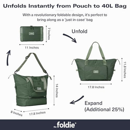 The Foldie Foldable Travel Bag for Women - 40L Weekender Bag with Multiple Pockets - Carry On Expendable Travel Bag - color: Army Green