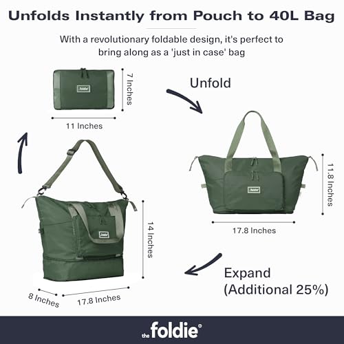 The Foldie Foldable Travel Bag for Women - 40L Weekender Bag with Multiple Pockets - Carry On Expendable Travel Bag - color: Army Green