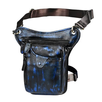 Water Resistant Canvas + Leather Motorcycle Fanny Waist Pack One Shoulder Drop Leg Thigh Bag For Men Women FB211-6 - color: 100% Genuine Leather-211-5-Blue
