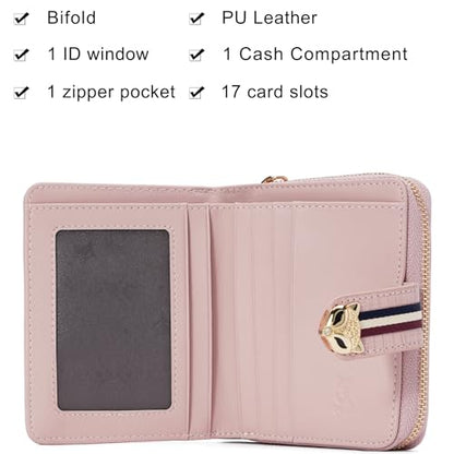 FOXLOVER Genuine Leather Zip Small Wallet Women RFID Blocking Credit Card Bifold Wallet Business Card Holder with ID Window(Pink) - color: 02-Pink