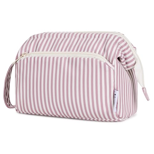 Narwey Travel Makeup Bag Toiletry Bag, Wide Open Cosmetic Bag for Women - color: D-Dusty Rose Stripe, size: Small
