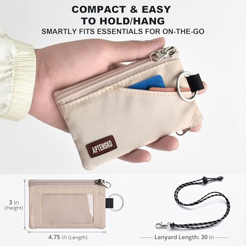 RFID 차단 여행용 지갑, 조절 가능한 랜야드 포함, 작은 나일론 지퍼 파우치 및 신분증, 신용 카드, 현금, 열쇠, 통근자용 배지 홀더, 아몬드 화이트., 끈이 달린 RFID 차단 여행용 지갑 - color: 아몬드 화이트.