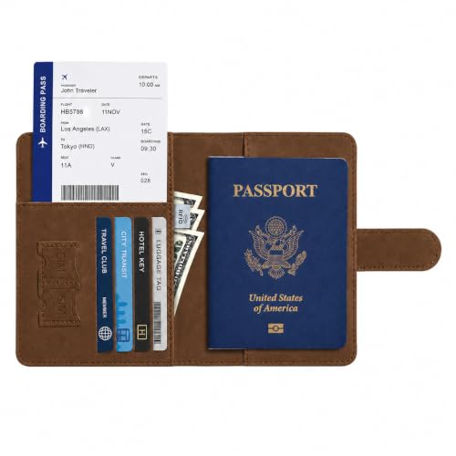 Passport Holder, RFID Blocking Travel Wallet, PU Leather, Brown - color: Brown#PP