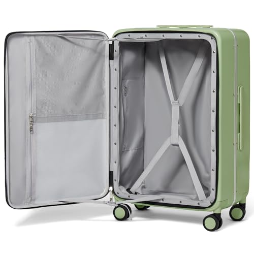mixi 26 Inch Large Checked Luggage PC Hard Shell Suitcase Top Opening Aluminum Frame Travel Suitcases with Wheels, Avocado Green - color: Avocado Green, size: 26-inch