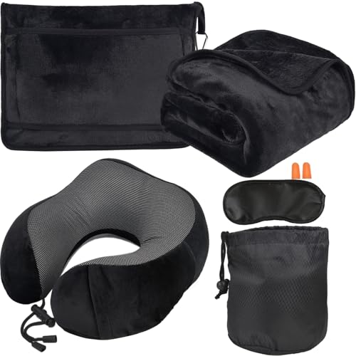 Travel Blanket and Pillow Set - Neck Pillow Airplane Essentials, Black - color: Black