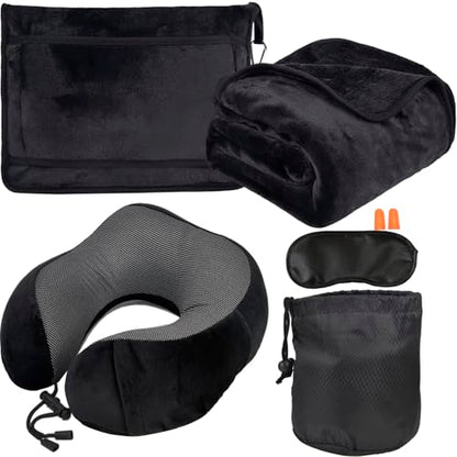 Travel Blanket and Pillow Set - Neck Pillow Airplane Essentials, Black - color: Black