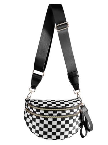 Checkered Crossbody Bag Bum Bag for Women,Spacious Fanny Packs Belt Bag - color: Black and White Checkered