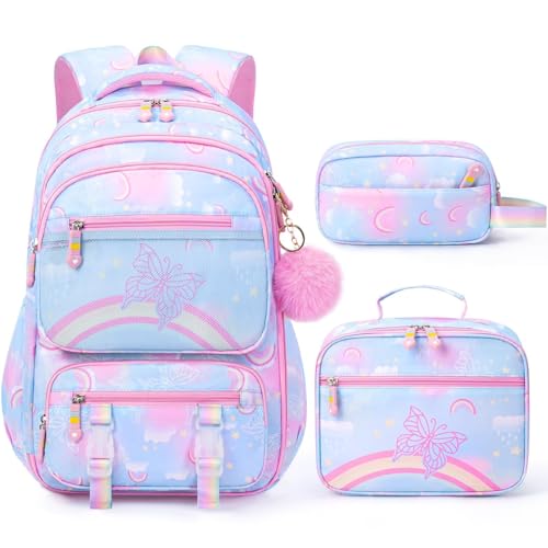 Fimibuke 3PCS Kids Backpack for School Girls with Lunch Box & Pencil Case - color: Blue Rainbow